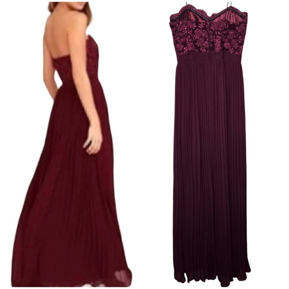 Lulu's Embroidered Bustier Pleated Skirt Burgundy Red Strapless Maxi Dress Small - Picture 2 of 7